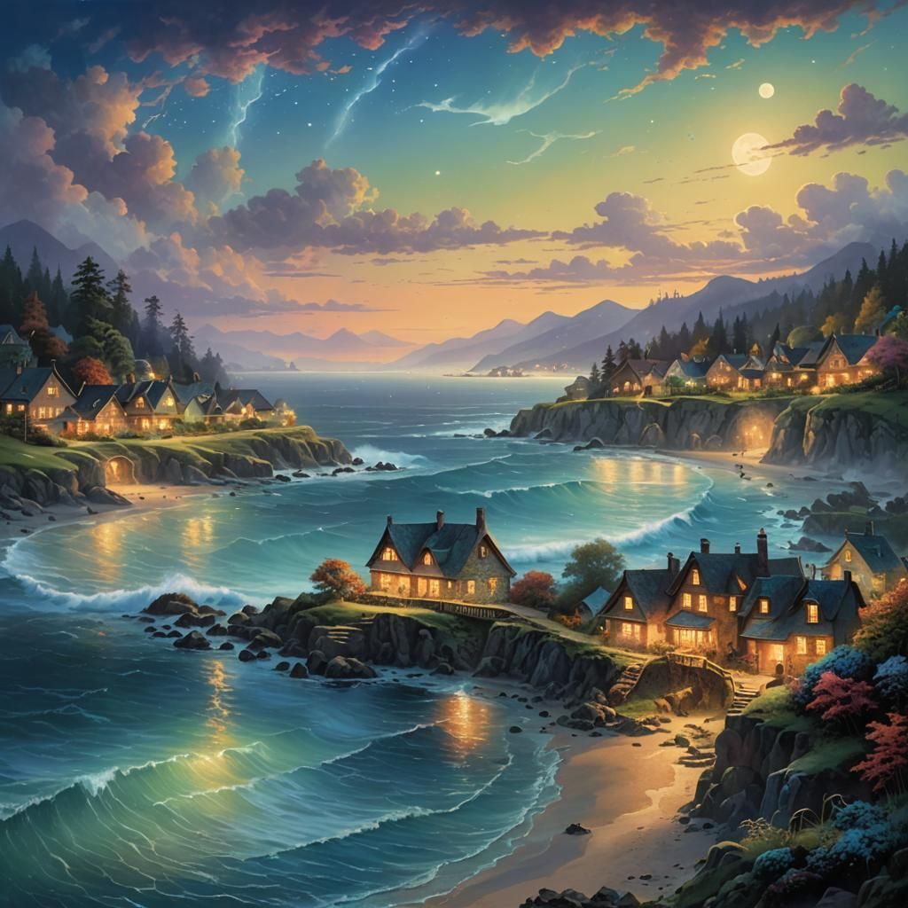 Bioluminescent Sky and Sea, Ethereal Fantasy Art