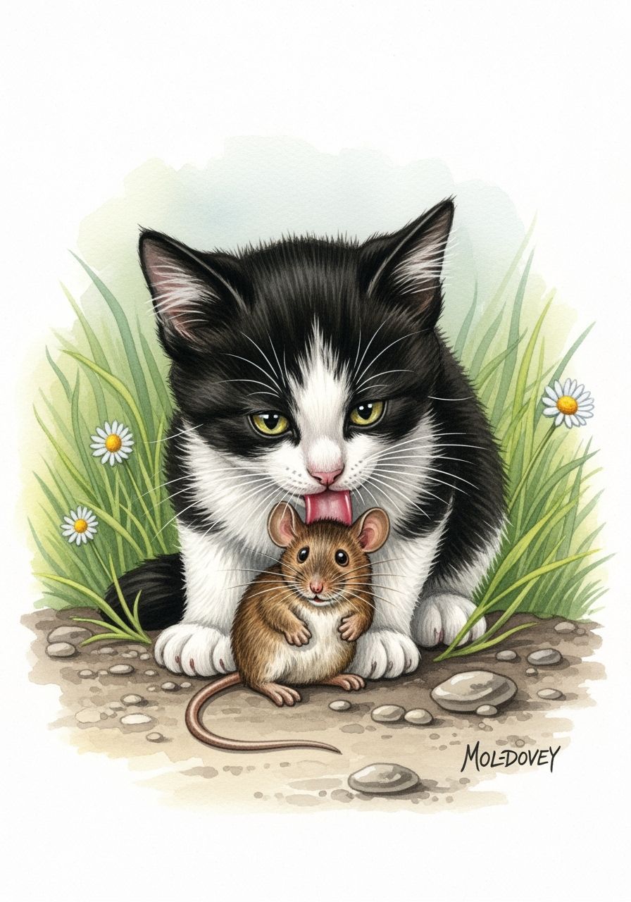 Cat Grooming Mouse in Detailed Watercolor Style