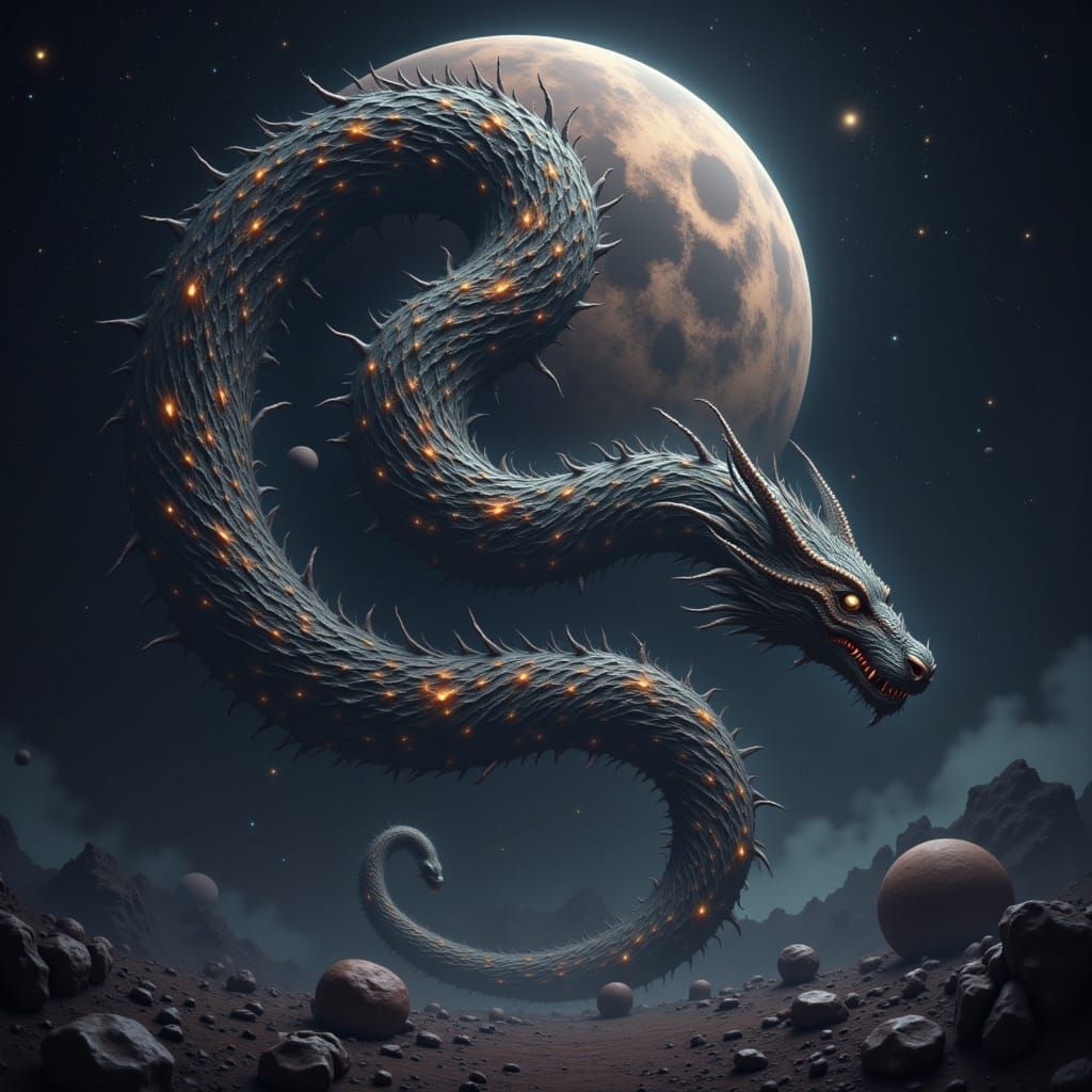 Cosmic Serpent Coils Around Shattered Moon in Deep Space