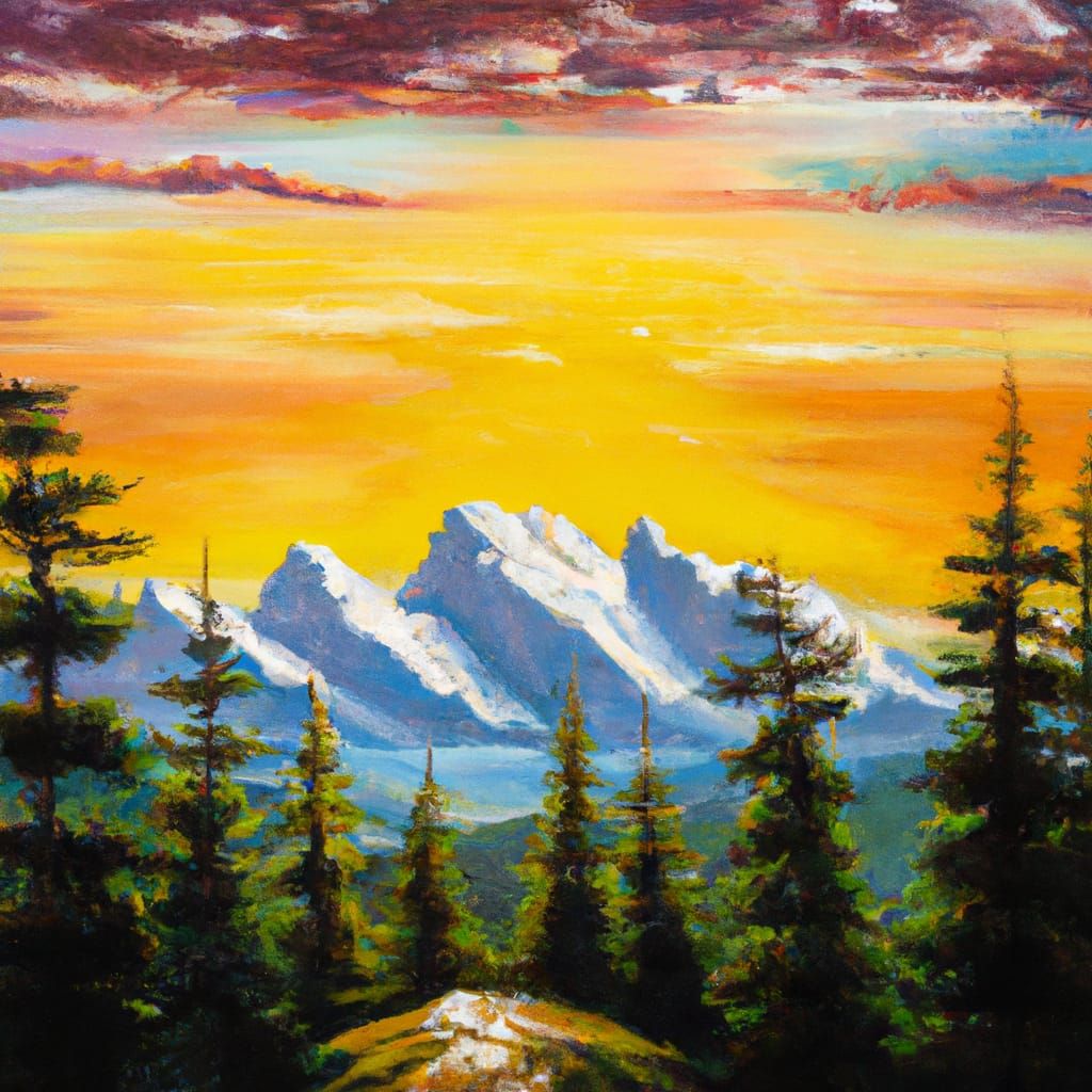 Detailed Oil Painting: Sunset Over Mountain Forest