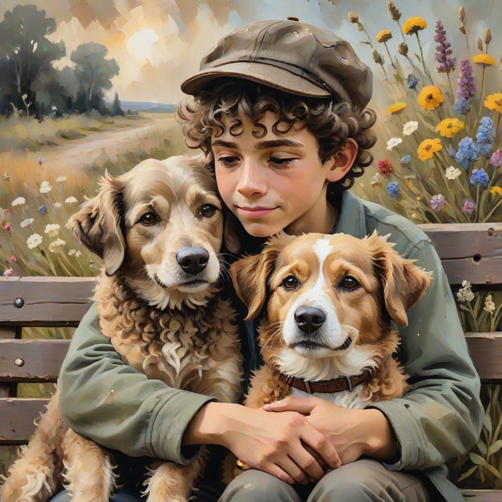 Boy and Dog Embrace as Impasto Oil Painting