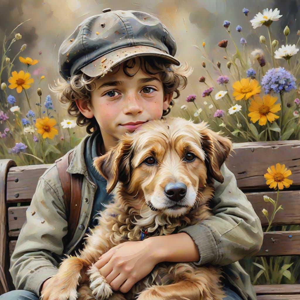 Boy and Dog Embrace in Whimsical Oil Painting
