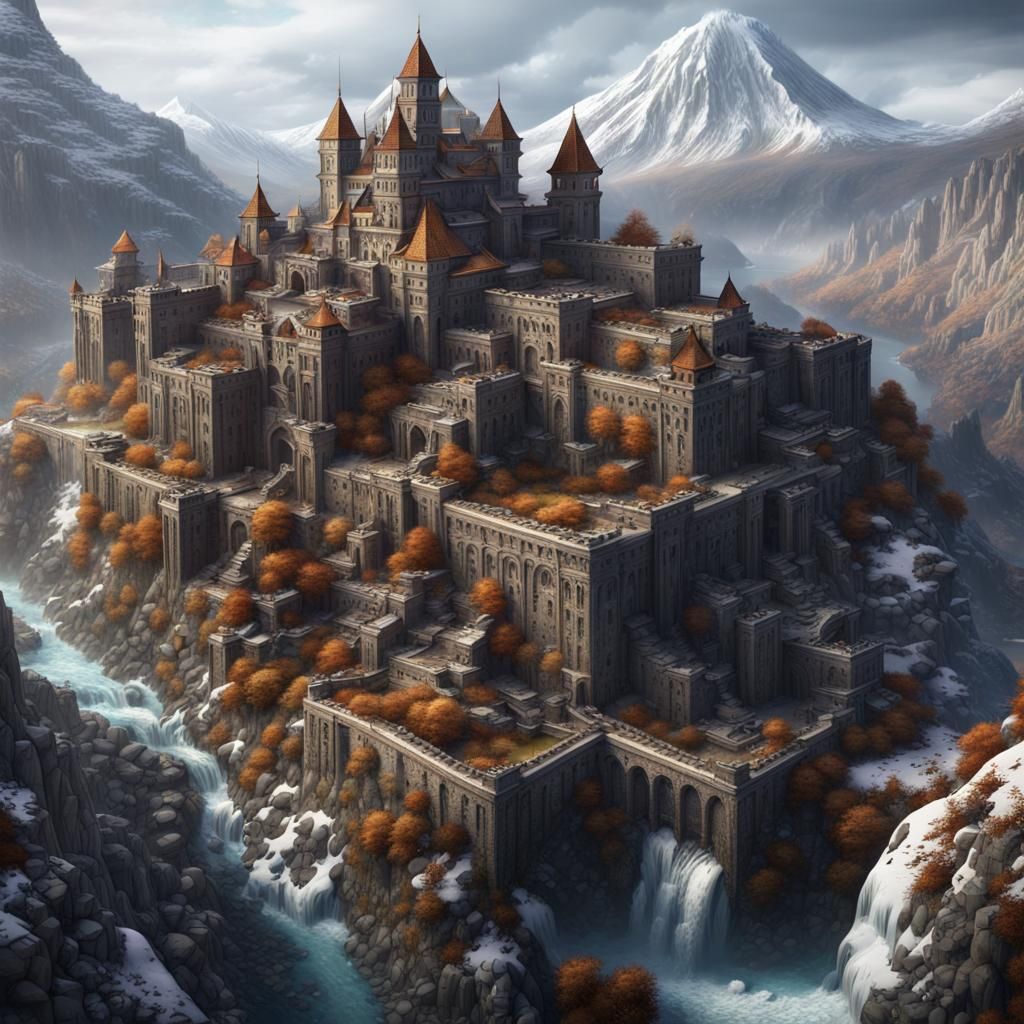 Fantasy Stone City on Volcano Slope, Detailed Matte Painting