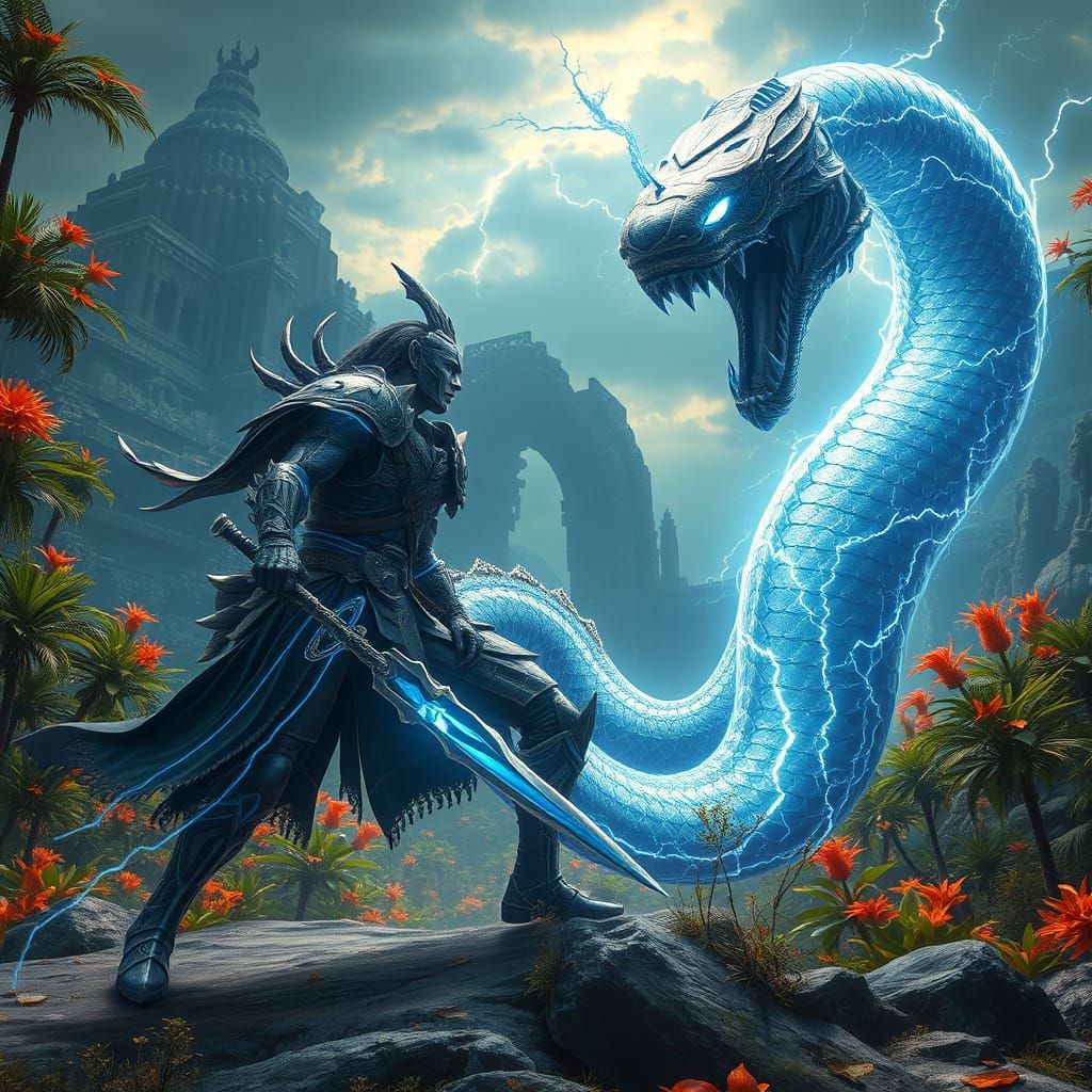 Epic Warrior Battles Electric Serpent in Futuristic Landscap...
