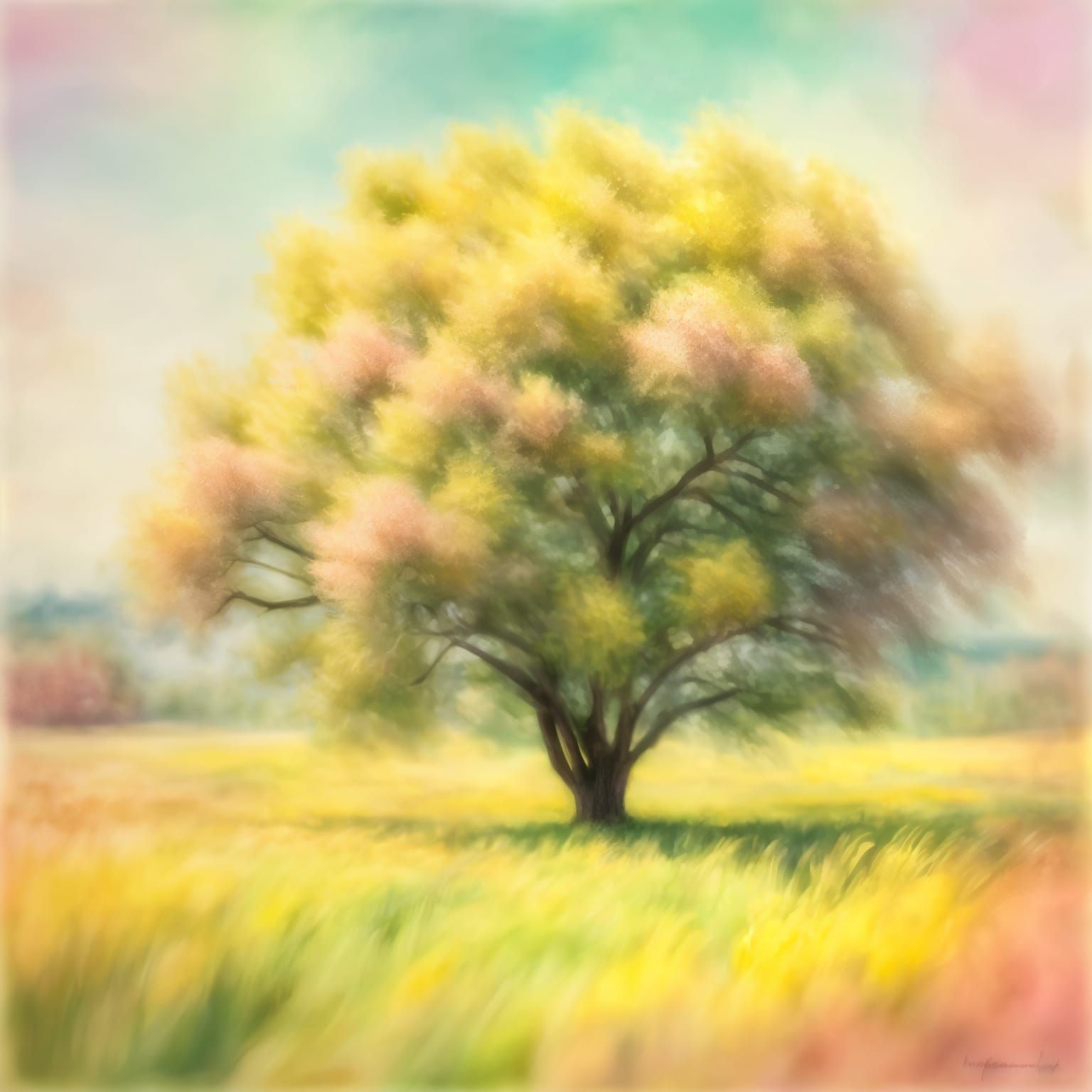 Mimosa Tree in Sunny Field, Impressionistic Style