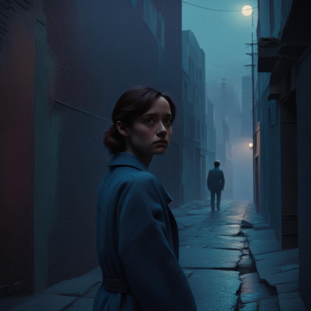 Lonely Figure in Misty Alleyway: Moody Oil Painting