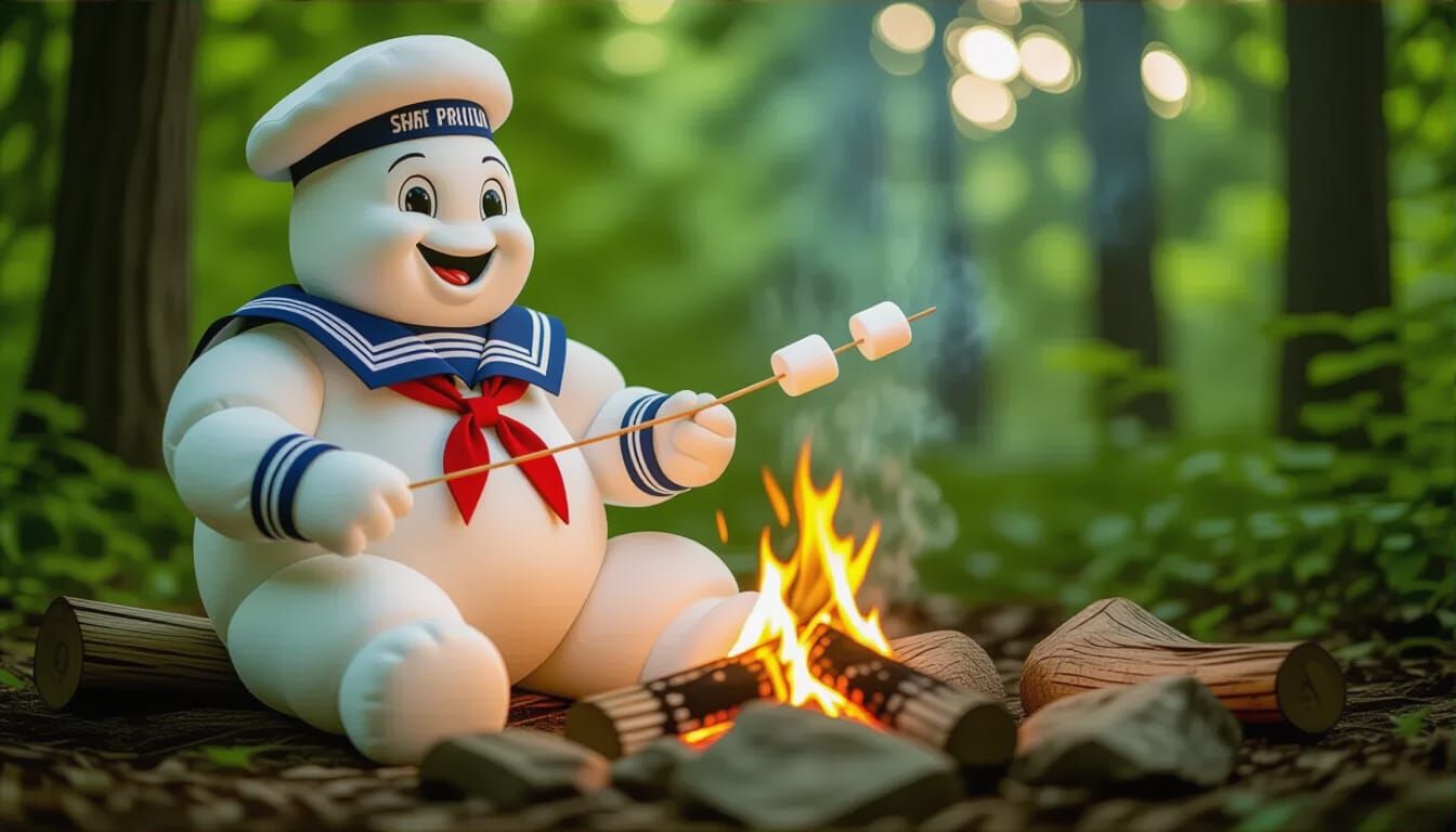 Stay Puft Roasting Marshmallows in Lush Forest