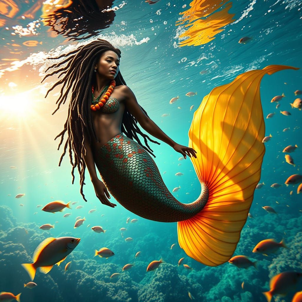 Vibrant Caribbean Mermaid in Iridescent Tail, Swirling with...