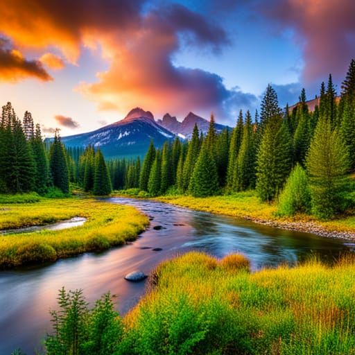 Mountain River at Sunset in Vivid Color
