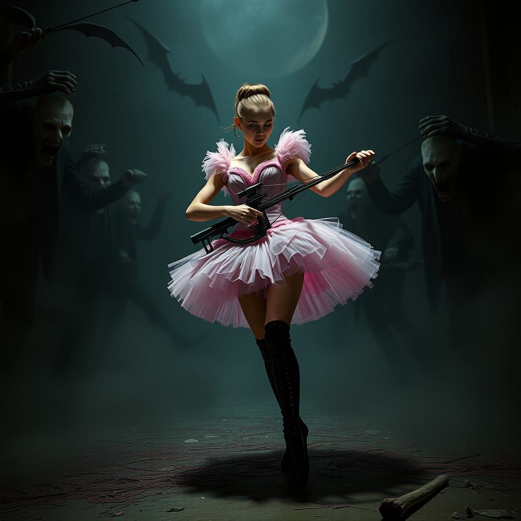 Ballerina with Crossbow Surrounded by Vampires