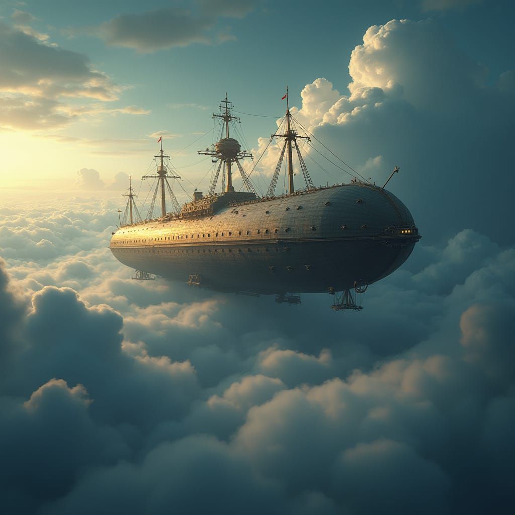Majestic Airship Rises from the Stormy Skies in Golden Light