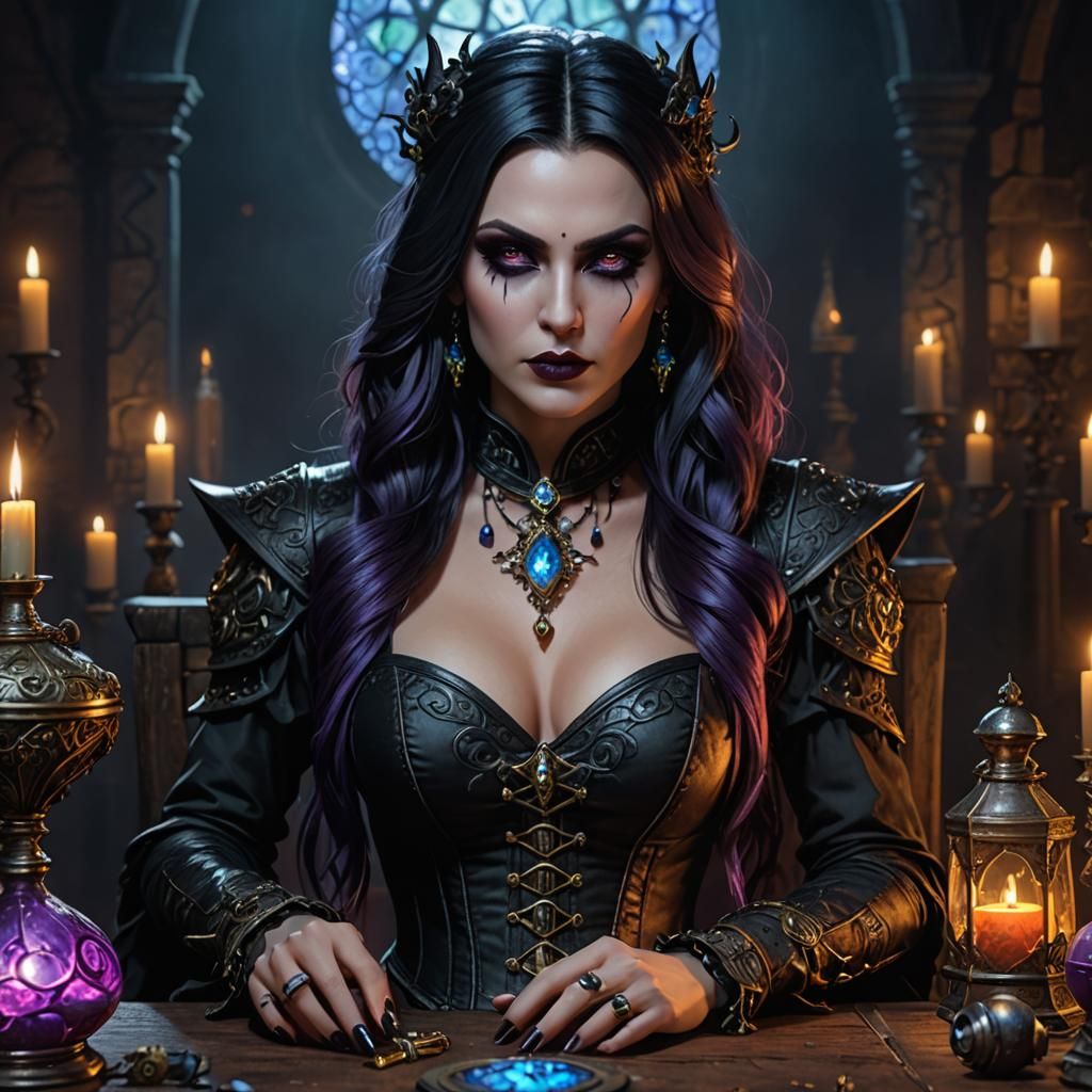 Gothic Sorceress Portrait with Magical Potions