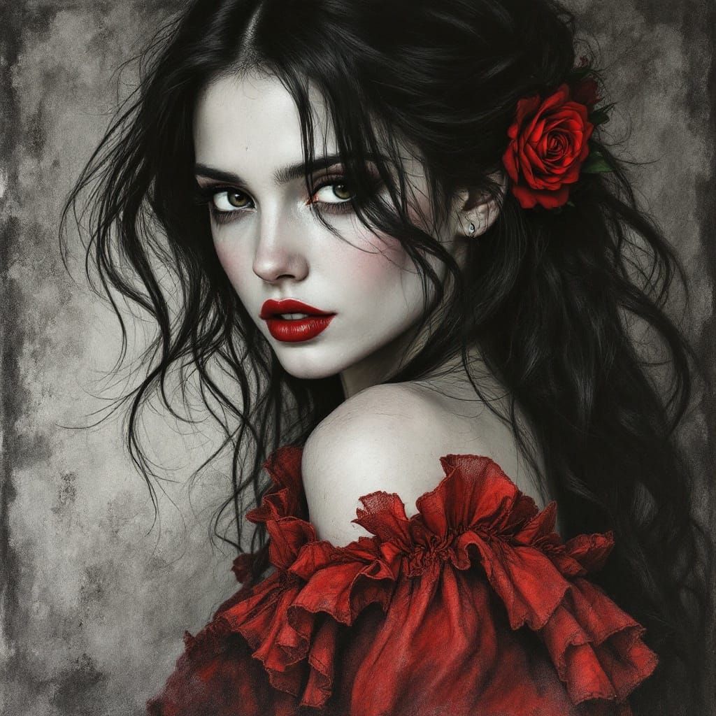 Mystical Woman in Red, Mucha-Style Drawing