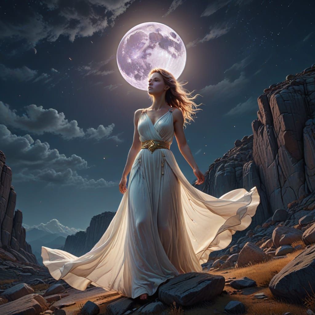 Ethereal Woman Under the Glowing Full Moon