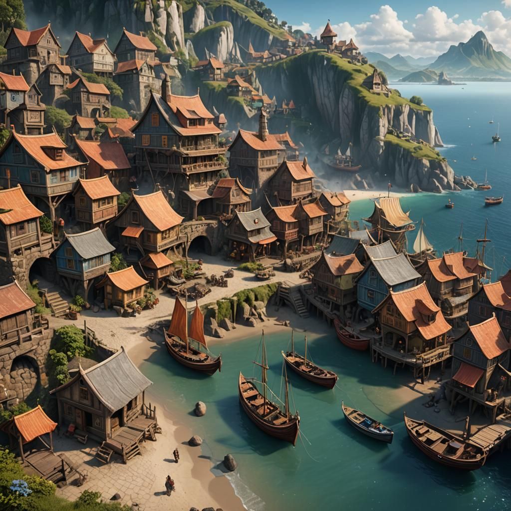 Picturesque Seaside Village with Fantasy Boats