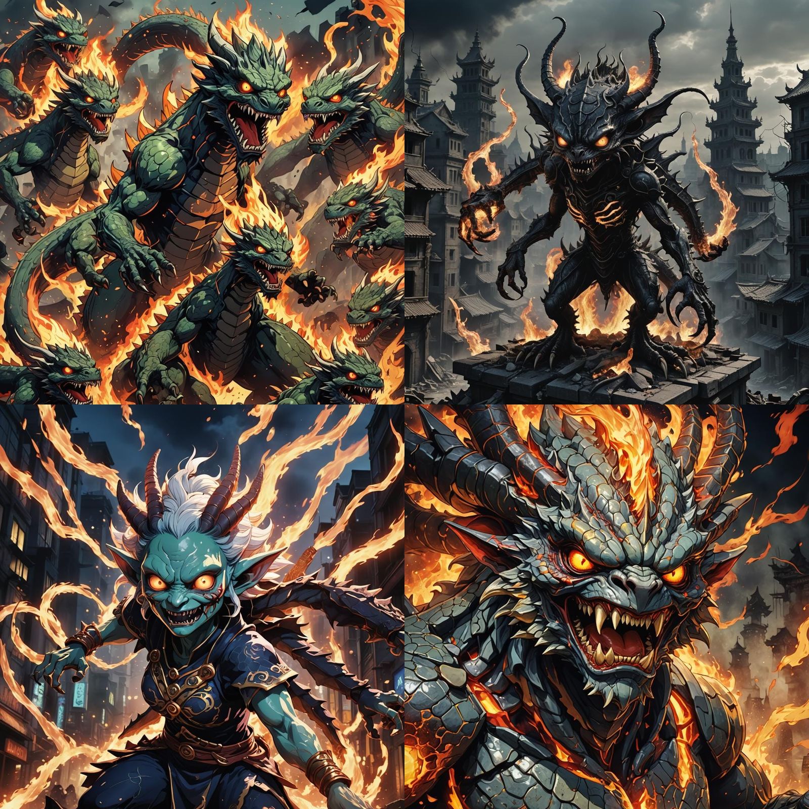 Demonic Porcelain Goblin Kaiju Hydra in Anime Style