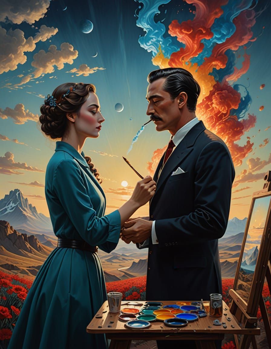 Surreal Cosmic Painting of Lovers Creating Each Other