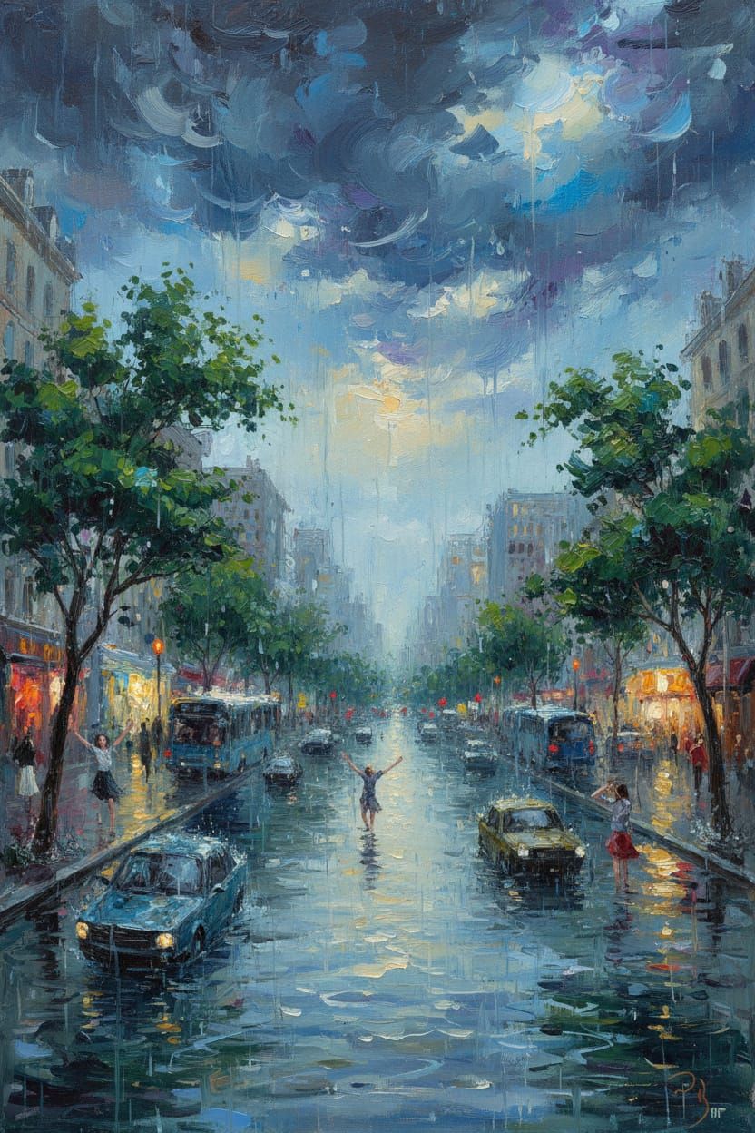 Impressionistic Oil Painting of a Rainy City Street