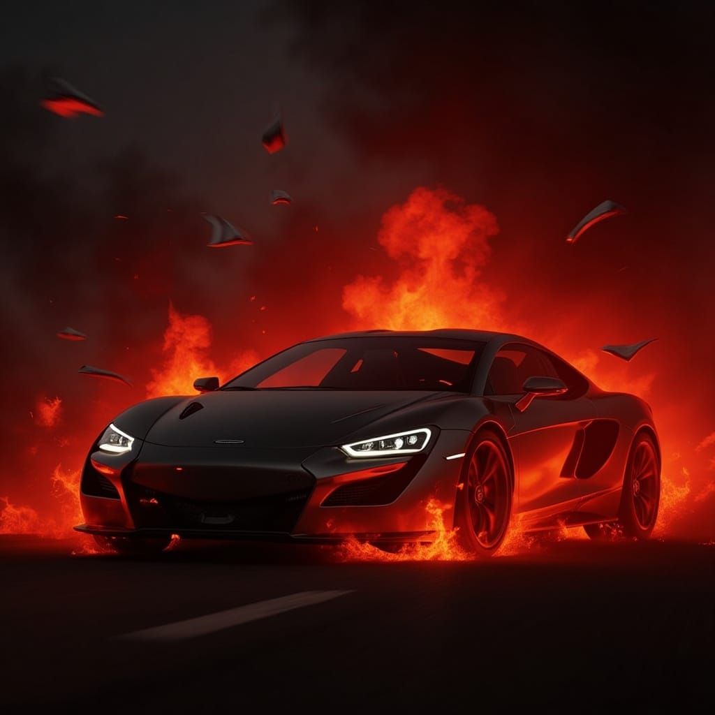 Futuristic Race Car Speeds Through Fiery Explosion