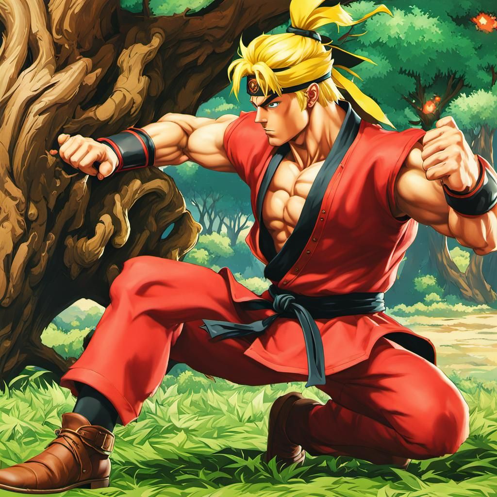 Ken Masters Kicks Over Tree in Street Fighter Art