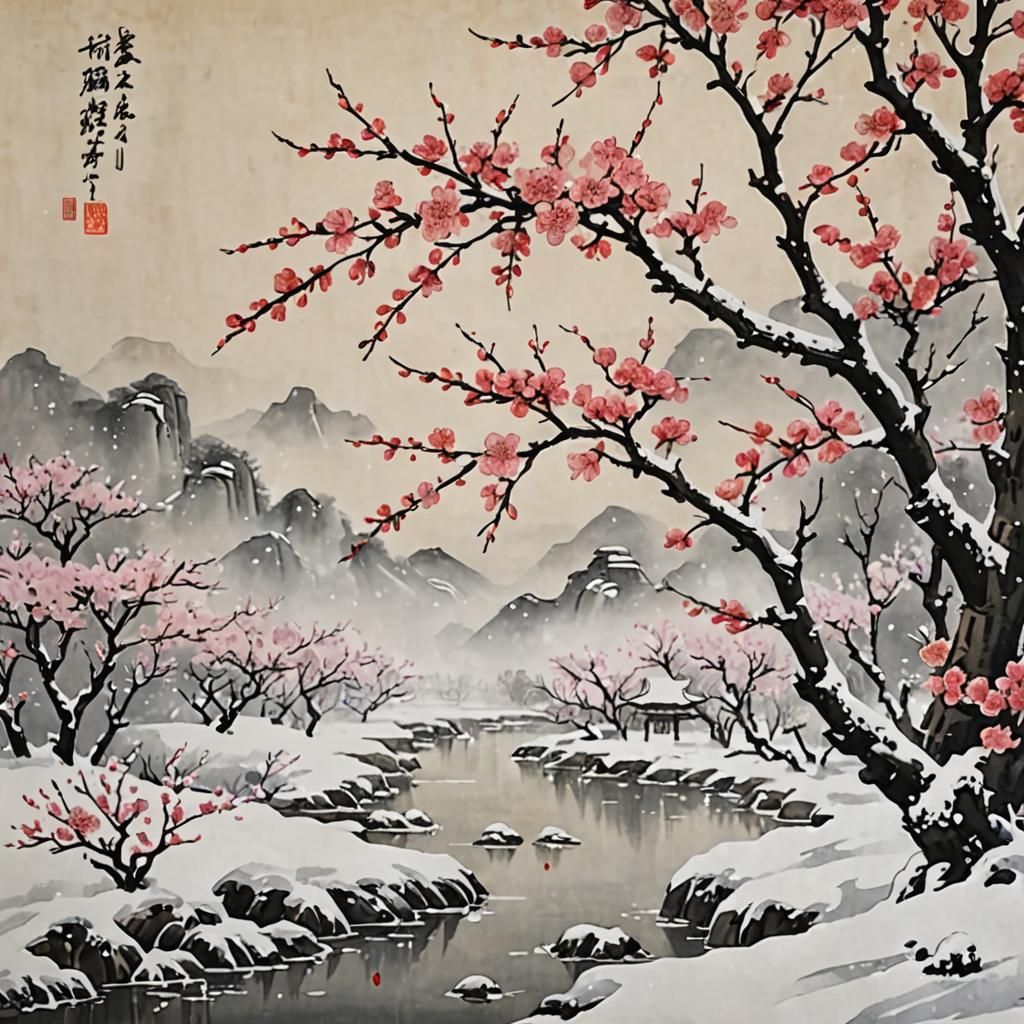 Cherry Blossoms in Snow: Chinese Painting Style
