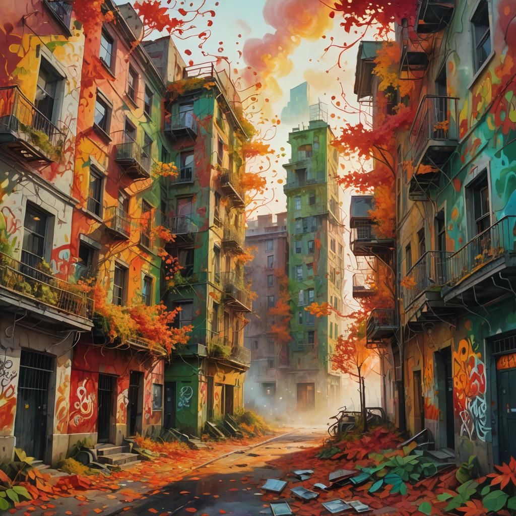 Surreal Autumn Landscape in Abandoned City Street