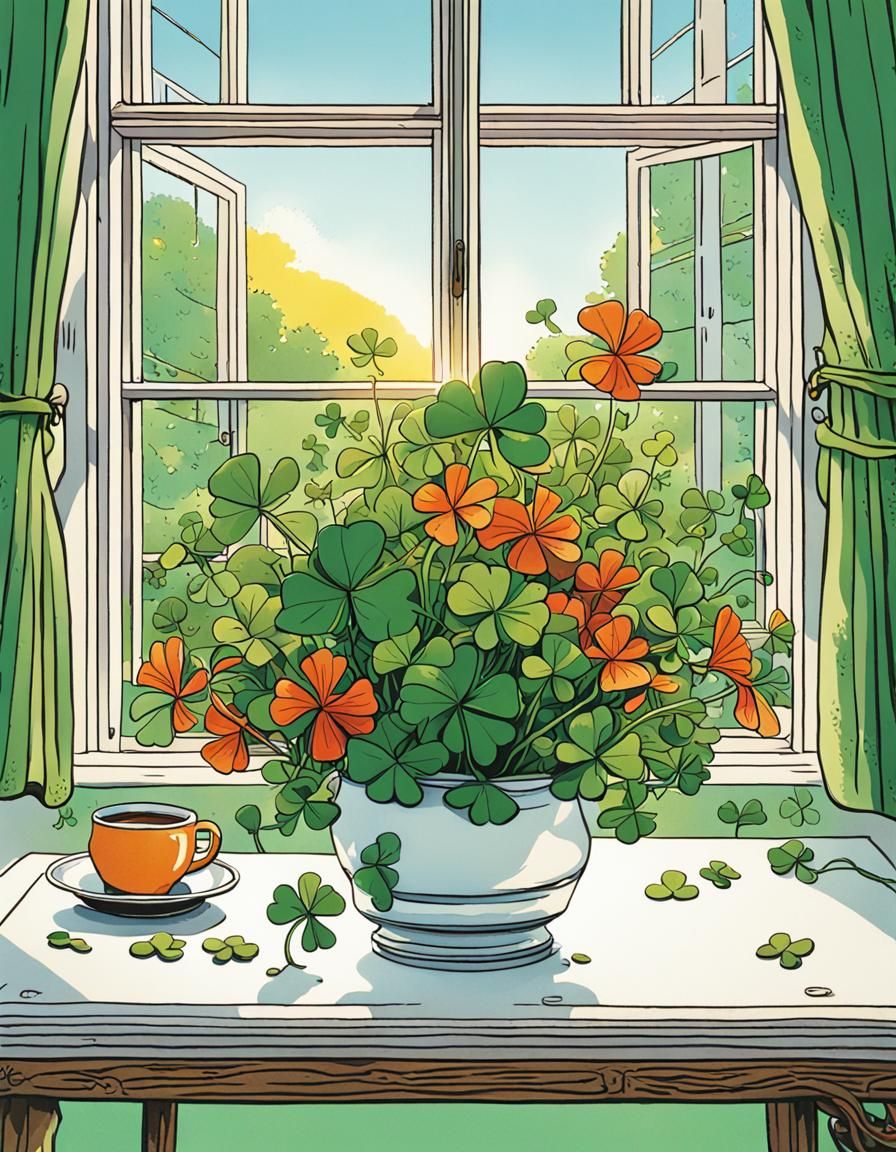Clover Bouquet in Garden, Tin-Tin Comic Style