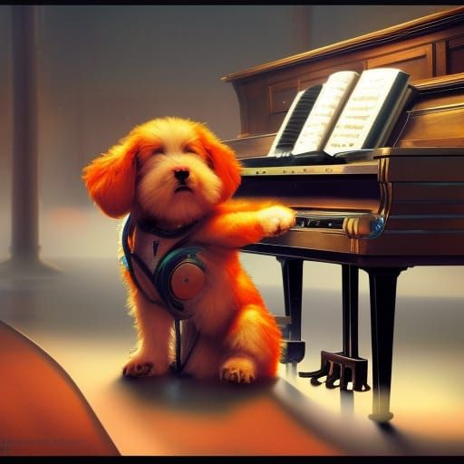 Robot Puppy Plays Piano: Hyperdetailed Concept Art