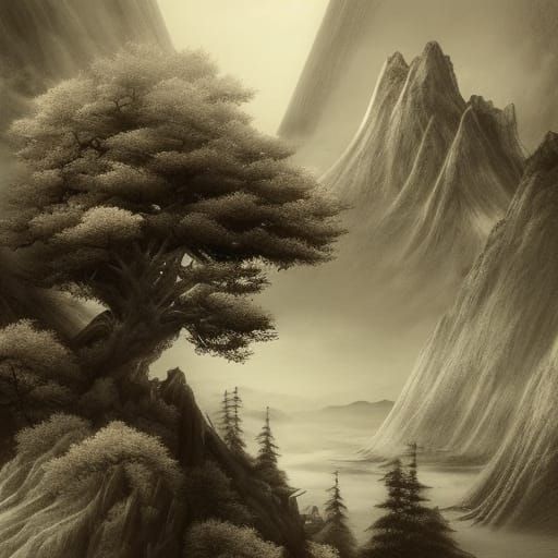Japanese Landscape in Pencil Sketch Style