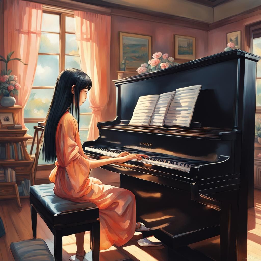 Japanese Woman Plays Piano for Family: Hyperrealistic Art