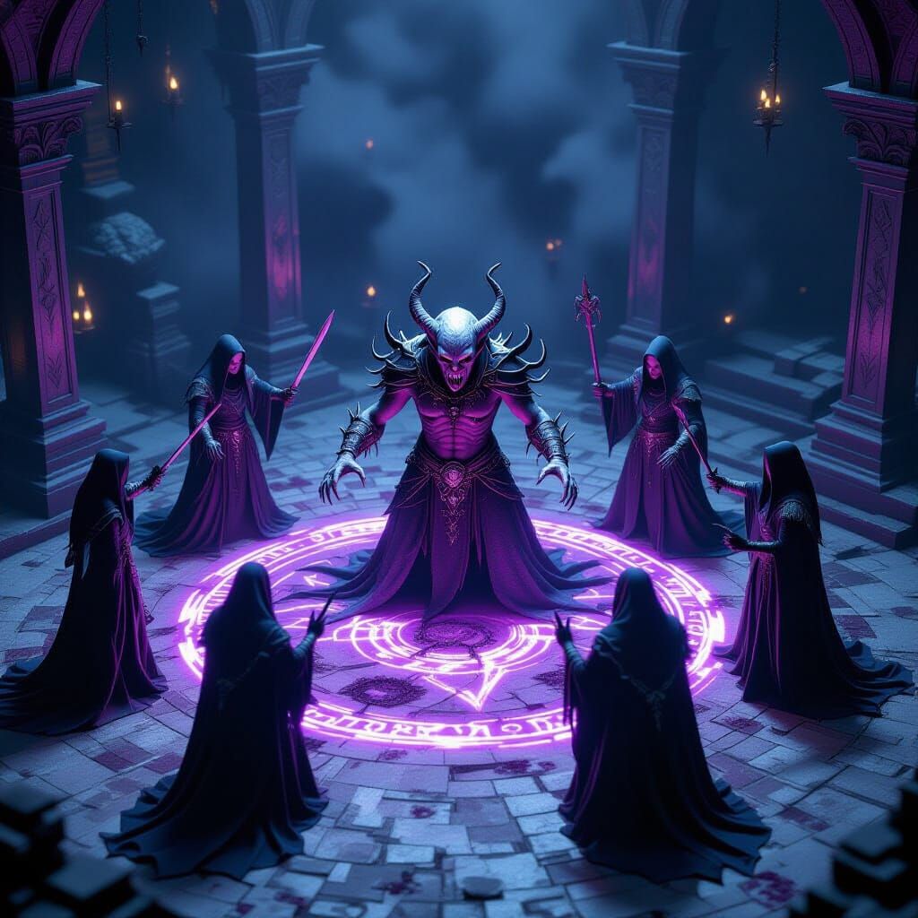 Dark Elves Ritual: Ugly Monster Approaches in Violet Circle