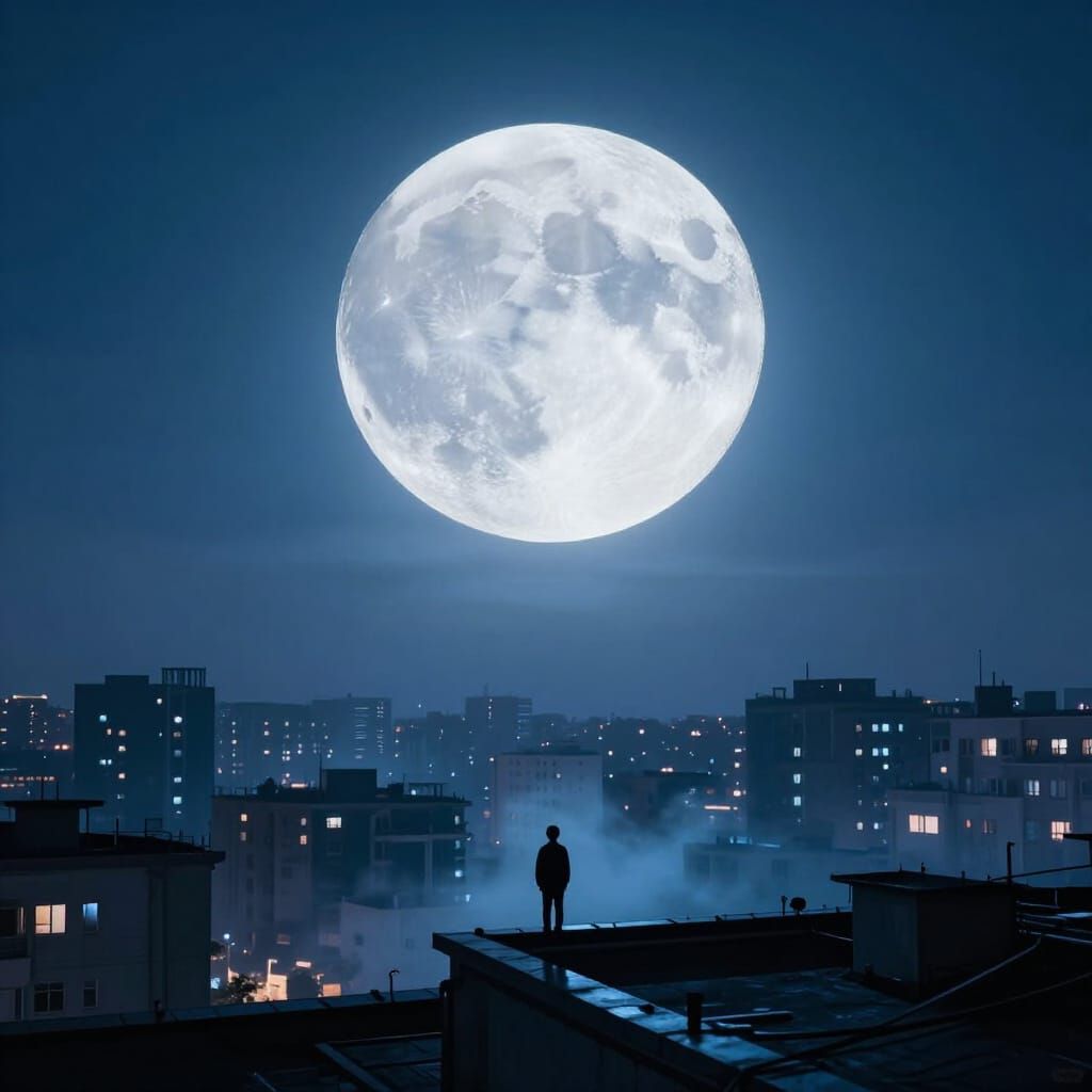 Massive Moon Over Blue Lit City At Night