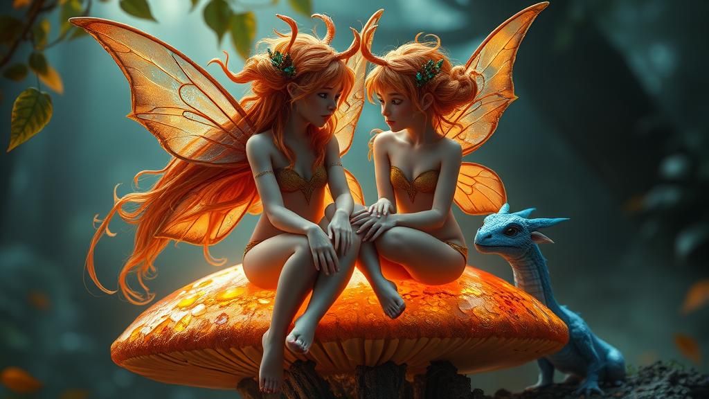 Fairies with Dragon in Orange Landscape
