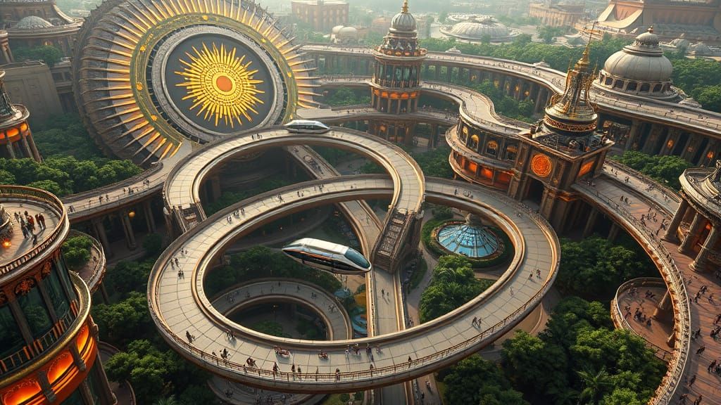 Futuristic City with Sun-Wheel Districts and Serpent Bridges