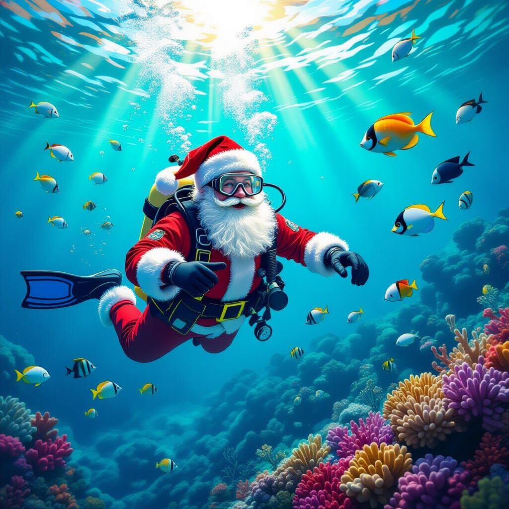 Santa Scuba Diving in Vibrant Coral Reef