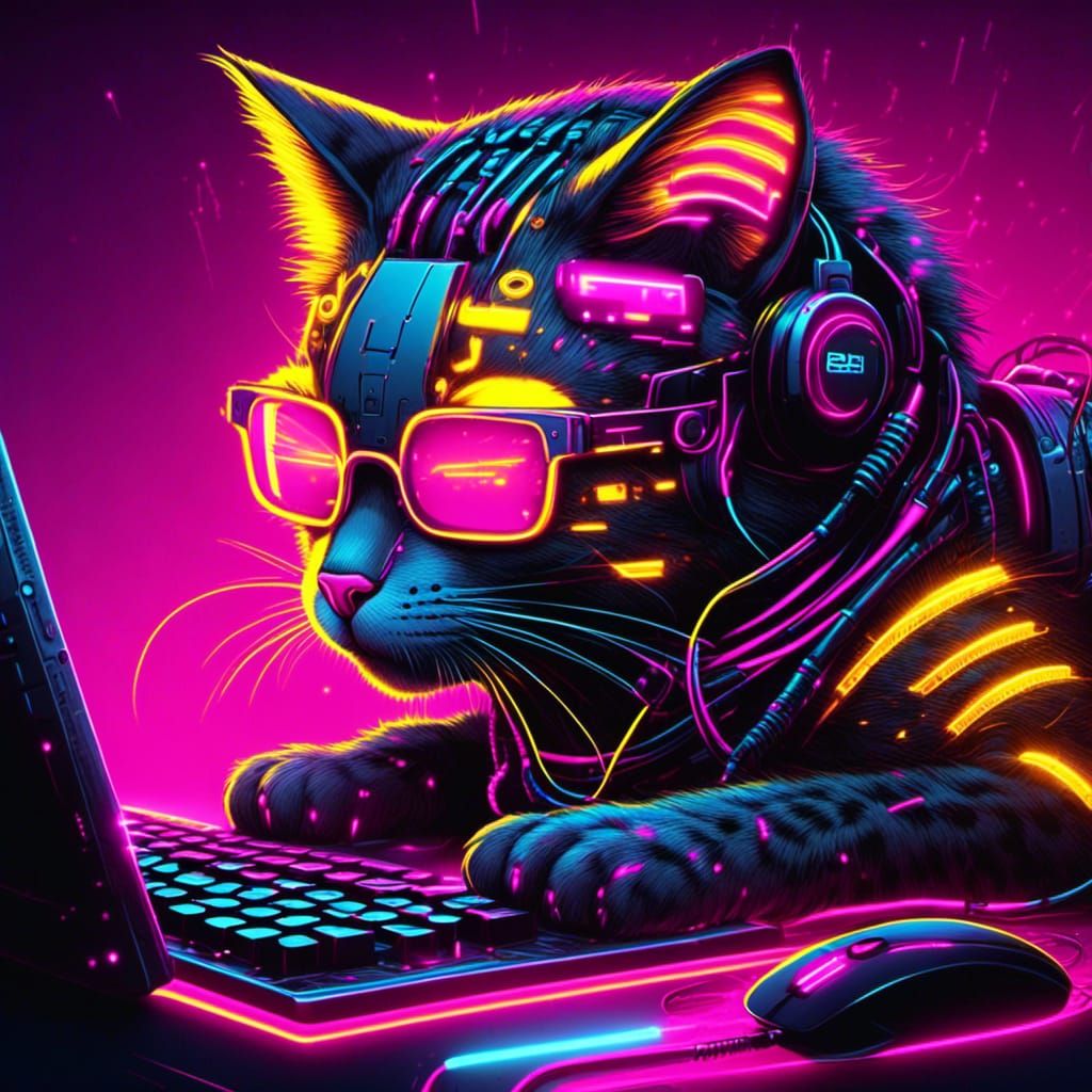 Cyberpunk Cat Hacker in Neon Cityscape