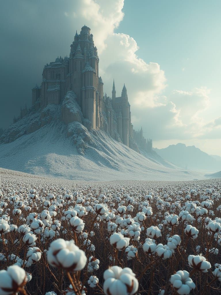 Hyperrealistic Cotton Landscape with Cinematic Scale