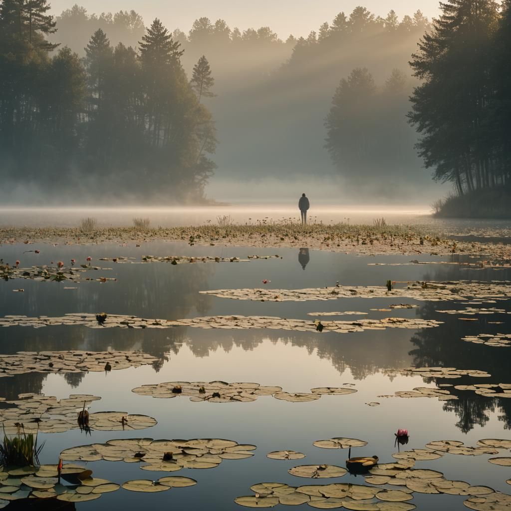Serene Dawn: Golden Light Over Misty Lake