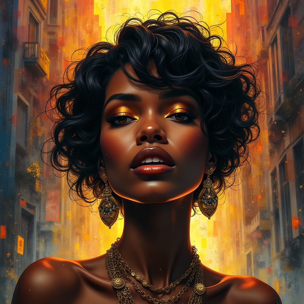 Cosmic City Goddess in Vibrant Monochrome