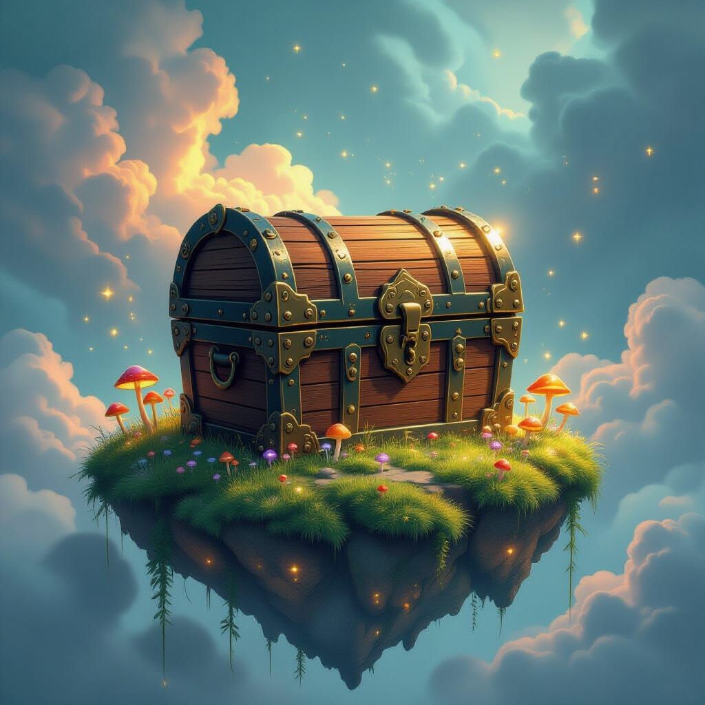 Floating Island Treasure Chest: Surreal Bioluminescence