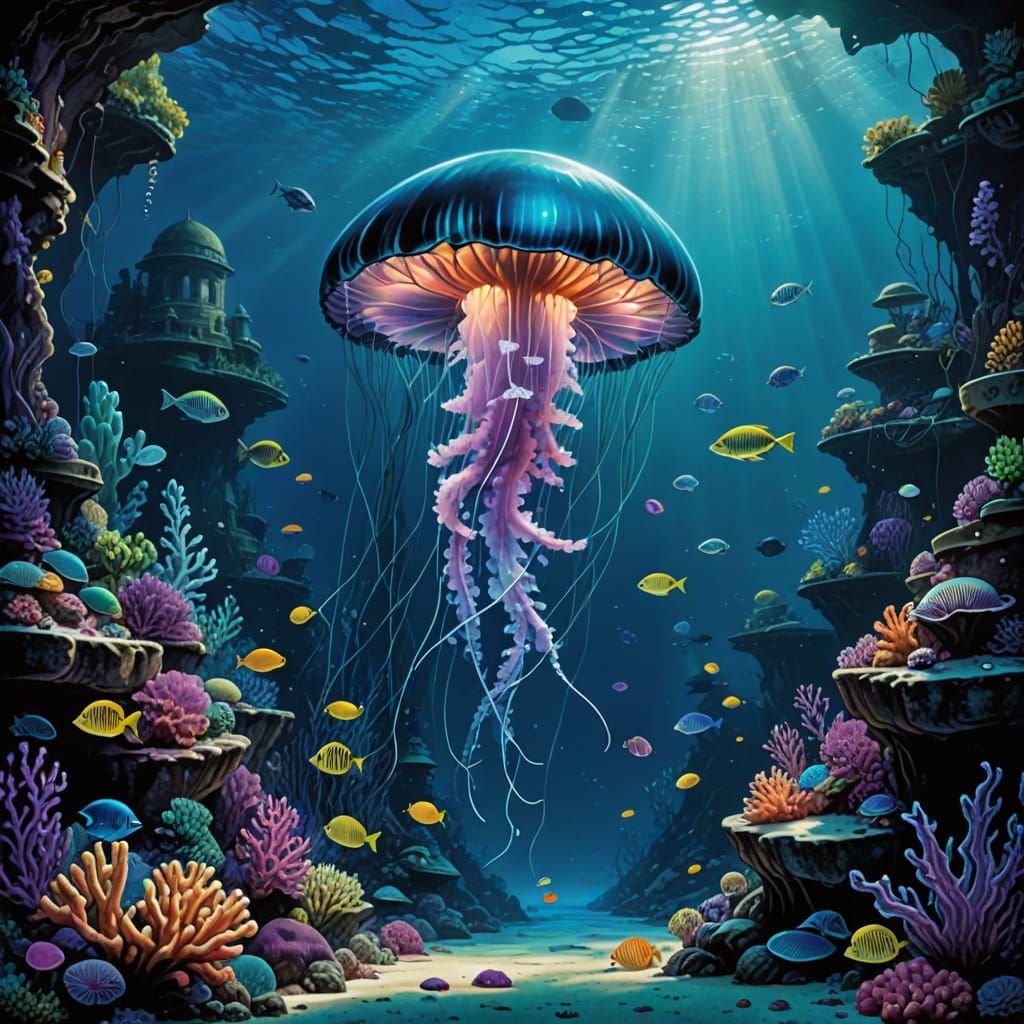 Bioluminescent Coral Reef With Exotic Fish and Ruins