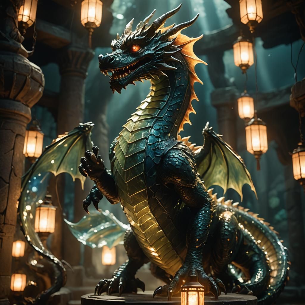 Glass Dragon Figure in Dimly Lit Chamber