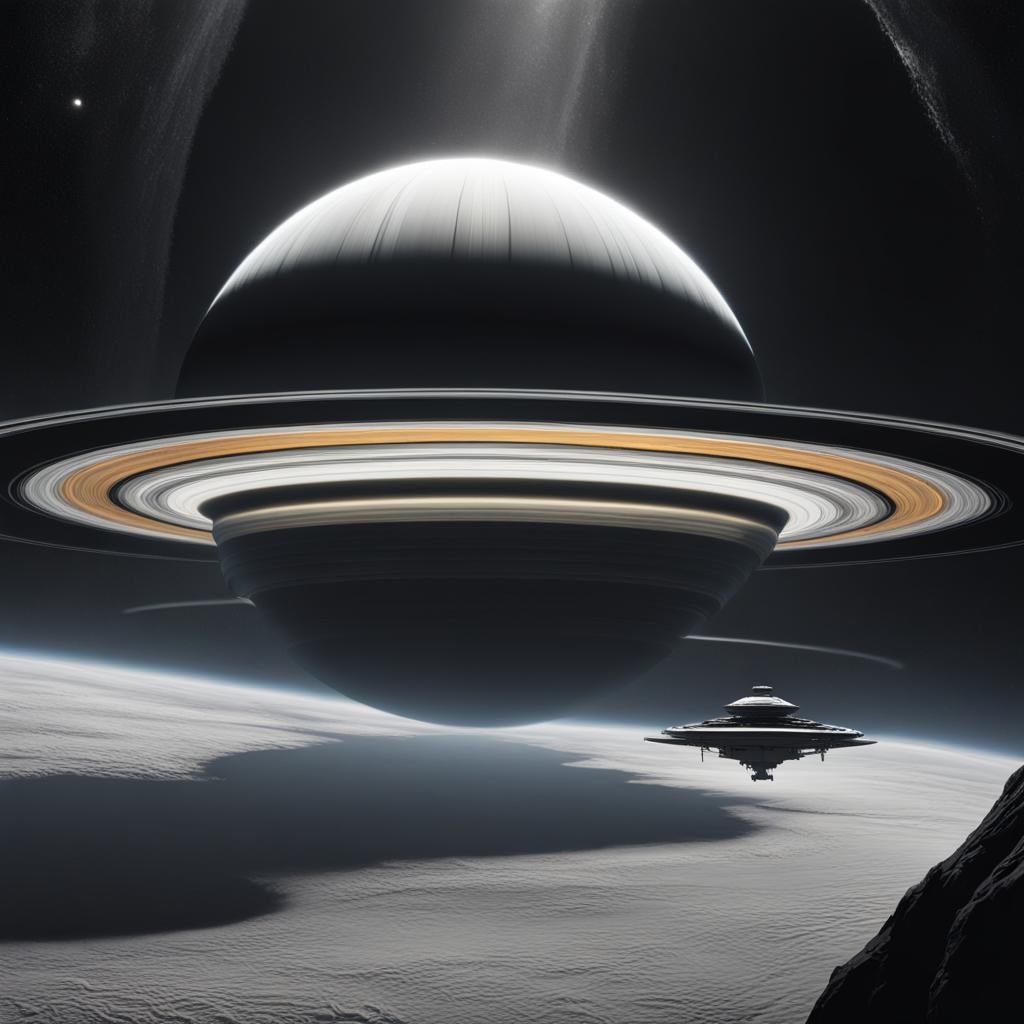 Spaceship Soaring Through Luminescent Saturn Rings