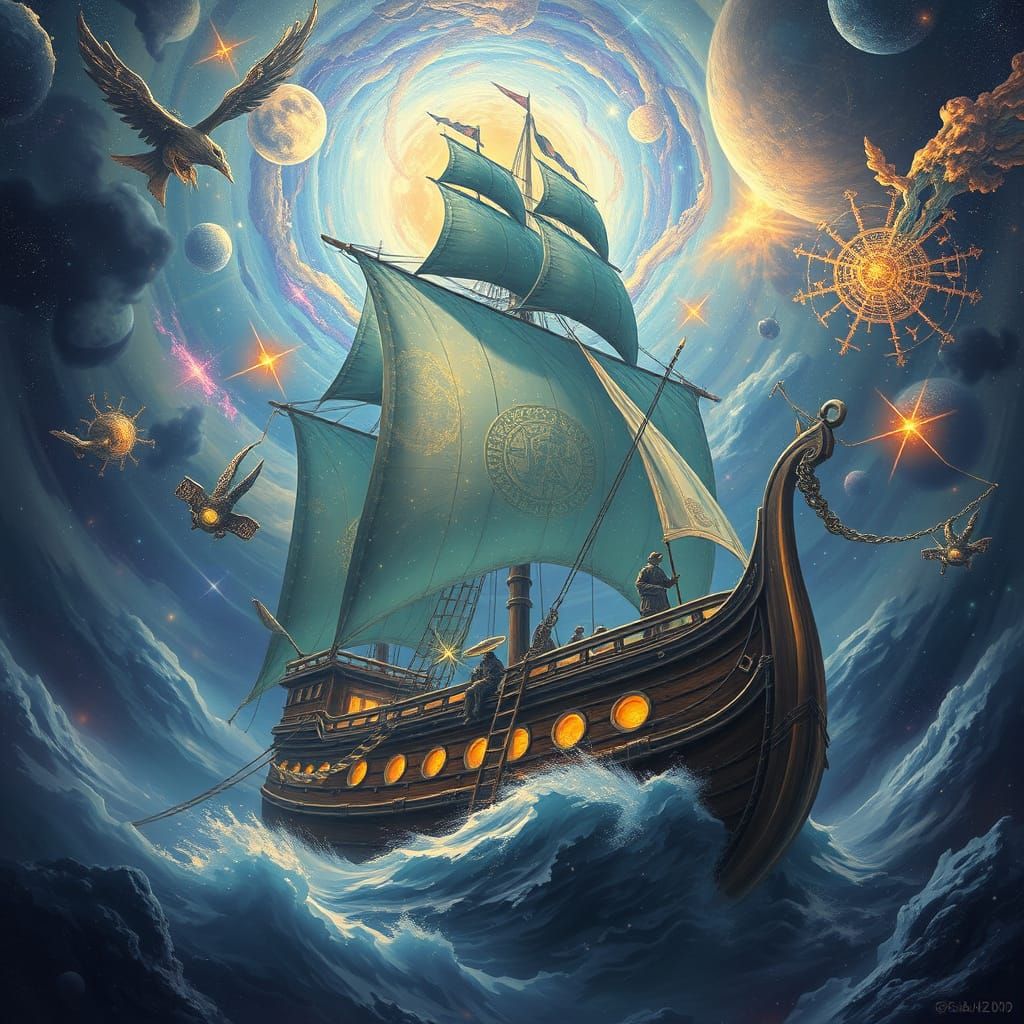 Starlight Galleon Navigates Cosmic Vortex as Matte Painting