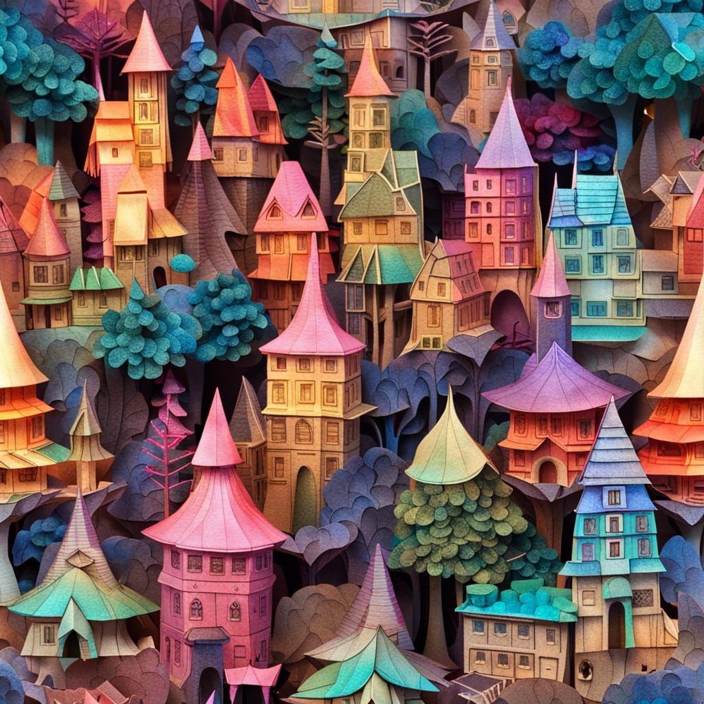 Small bright fairy city intricate vellum paper origami city, delicate, fragile, captivating, glowing cottagecore dreamy ...