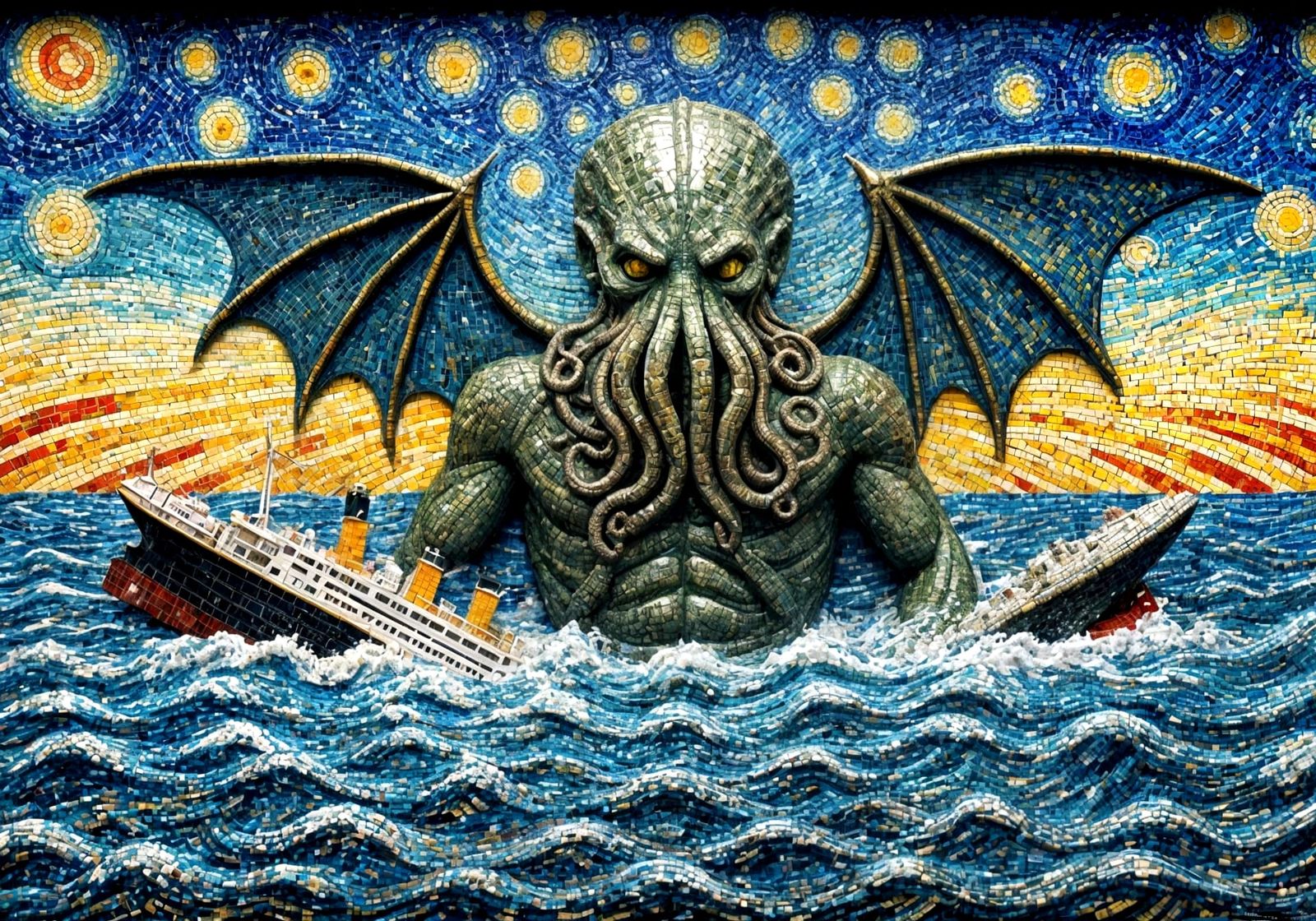 Cthulhu Rises from the Depths in Vibrant Mosaic Art