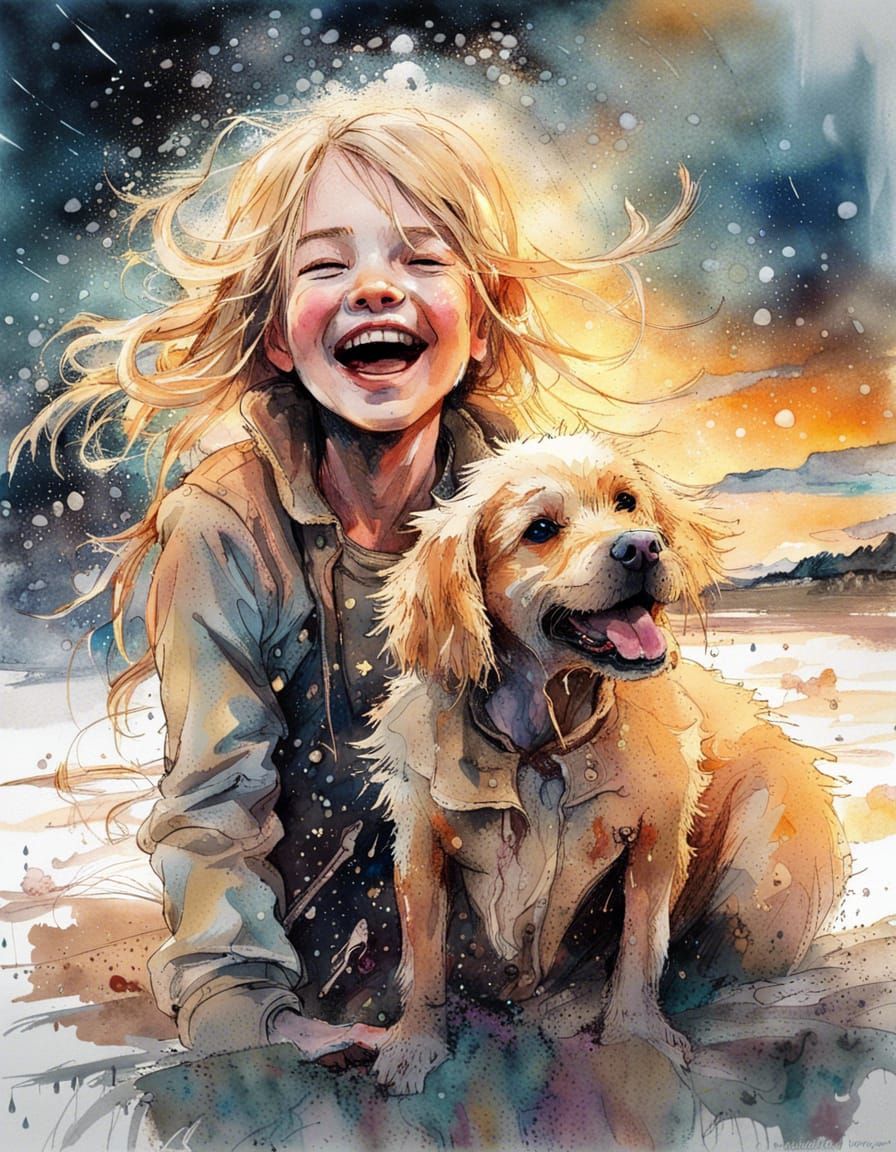Girl and Dog Laughing in Rainy Fantasy Sunset