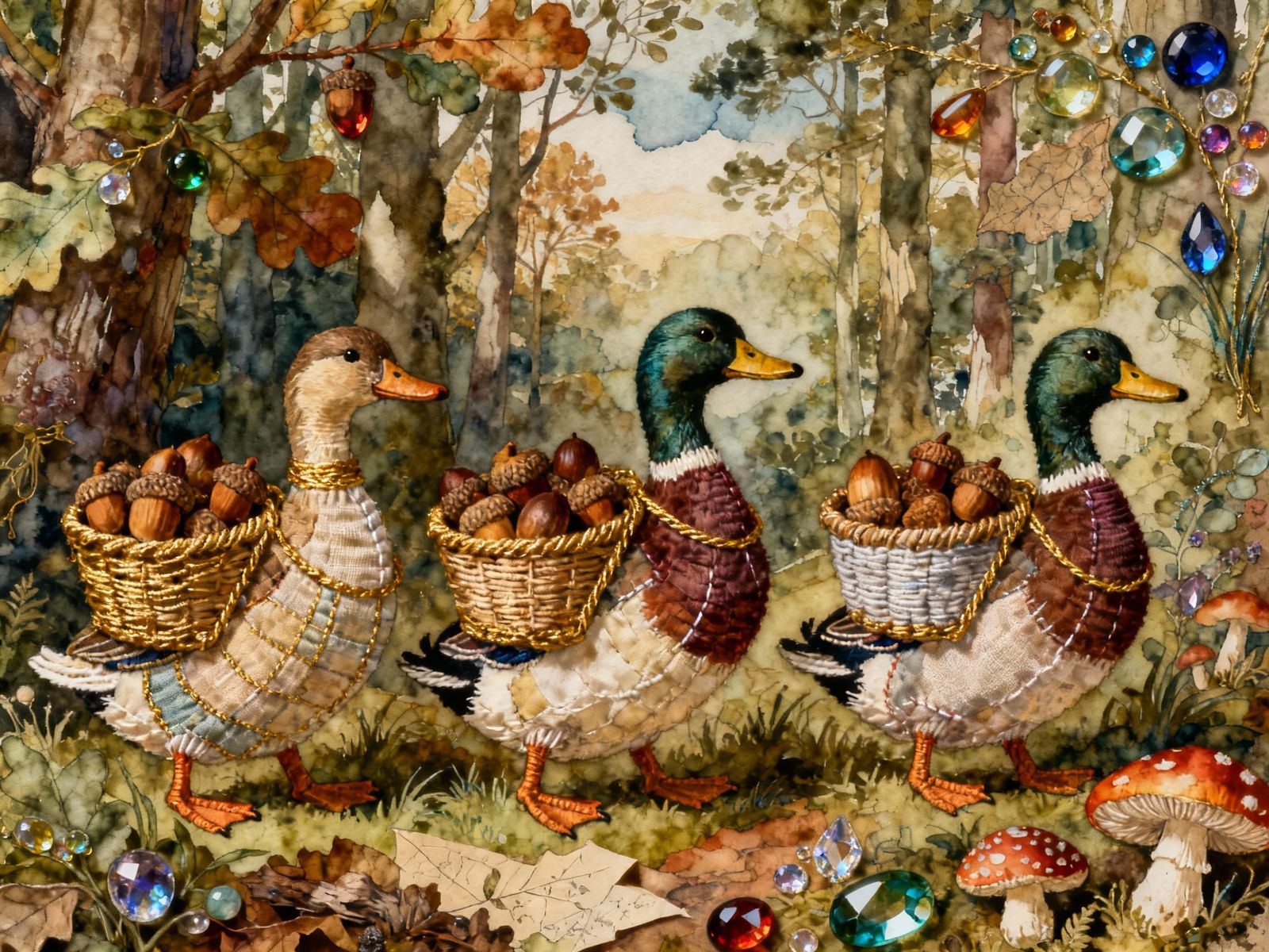 Forest Ducks Carry Acorn Baskets in Mixed Media Collage