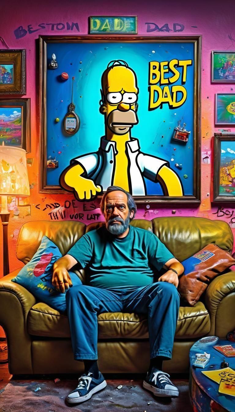 Father Figure Under "Best Dad" Sign in Graffiti Art