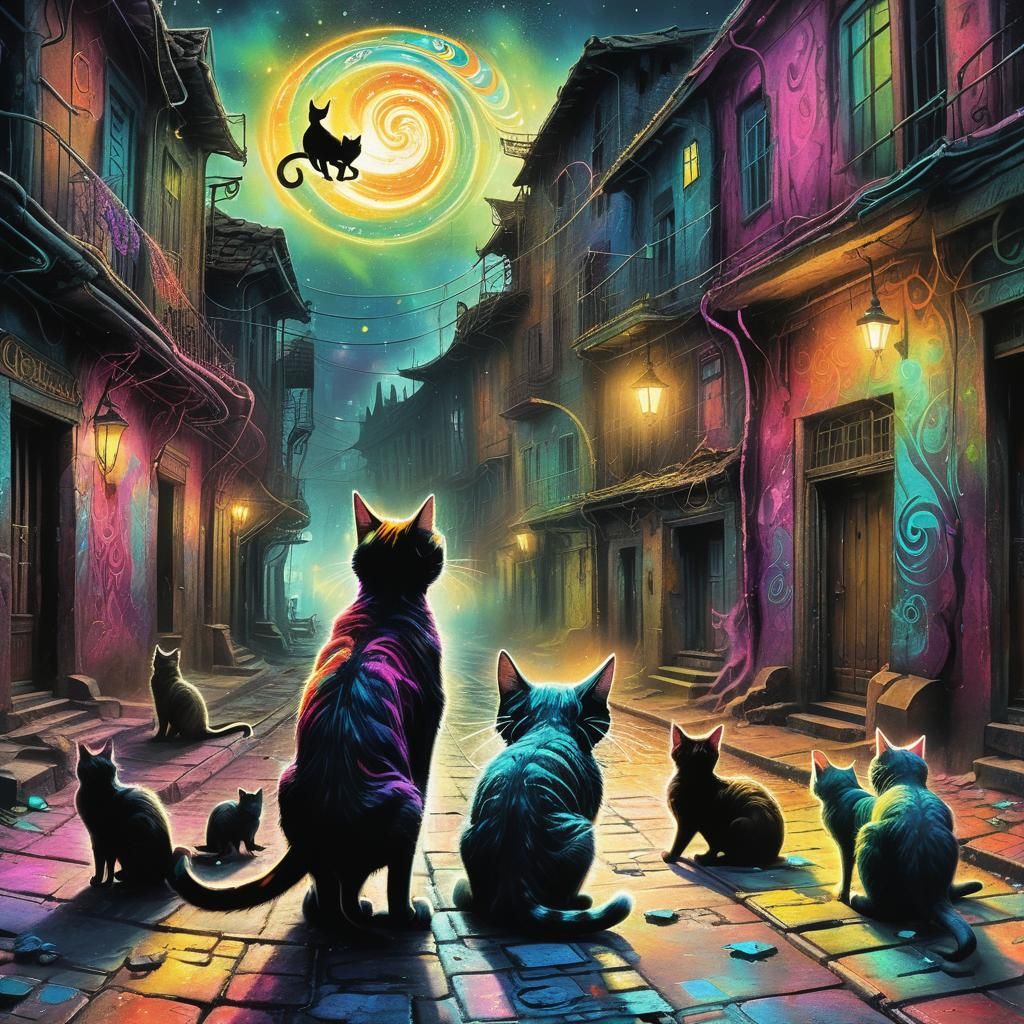 Magical Street Cats in a Mystical Urban Scene